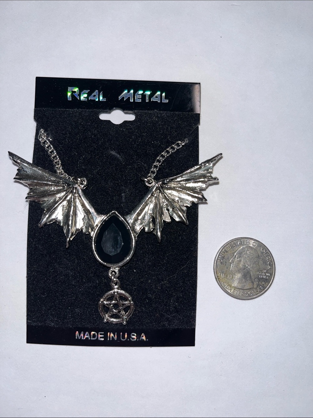 Silver Winged Necklace with Black Teardrop and Pentagram Halloween Goth
